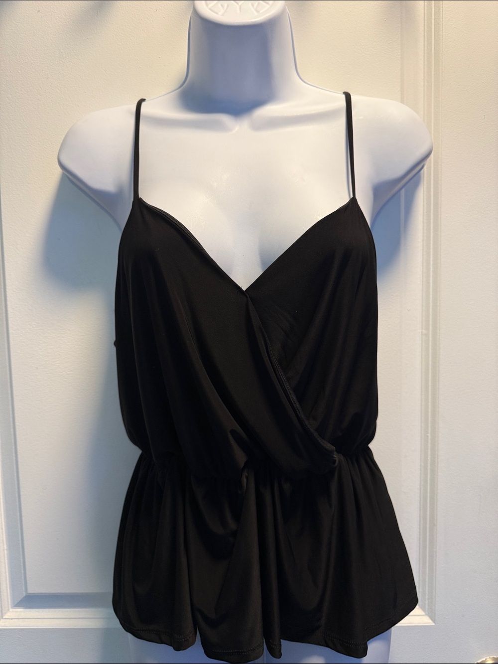 Black Spaghetti Strap Wrap Front Blouse